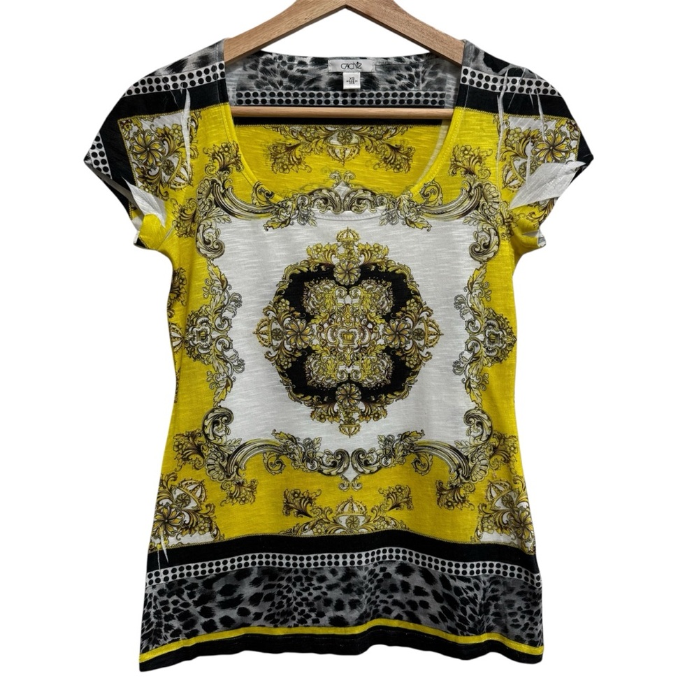 Cache Italian Panel Scarf Print Y2K Blouse Tee Short Sleeve Fitted